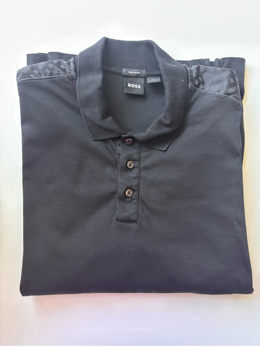 BOSS Hugo Boss Mens L Black Mercerised Polo Shirt Tonal Shoulder Detail
